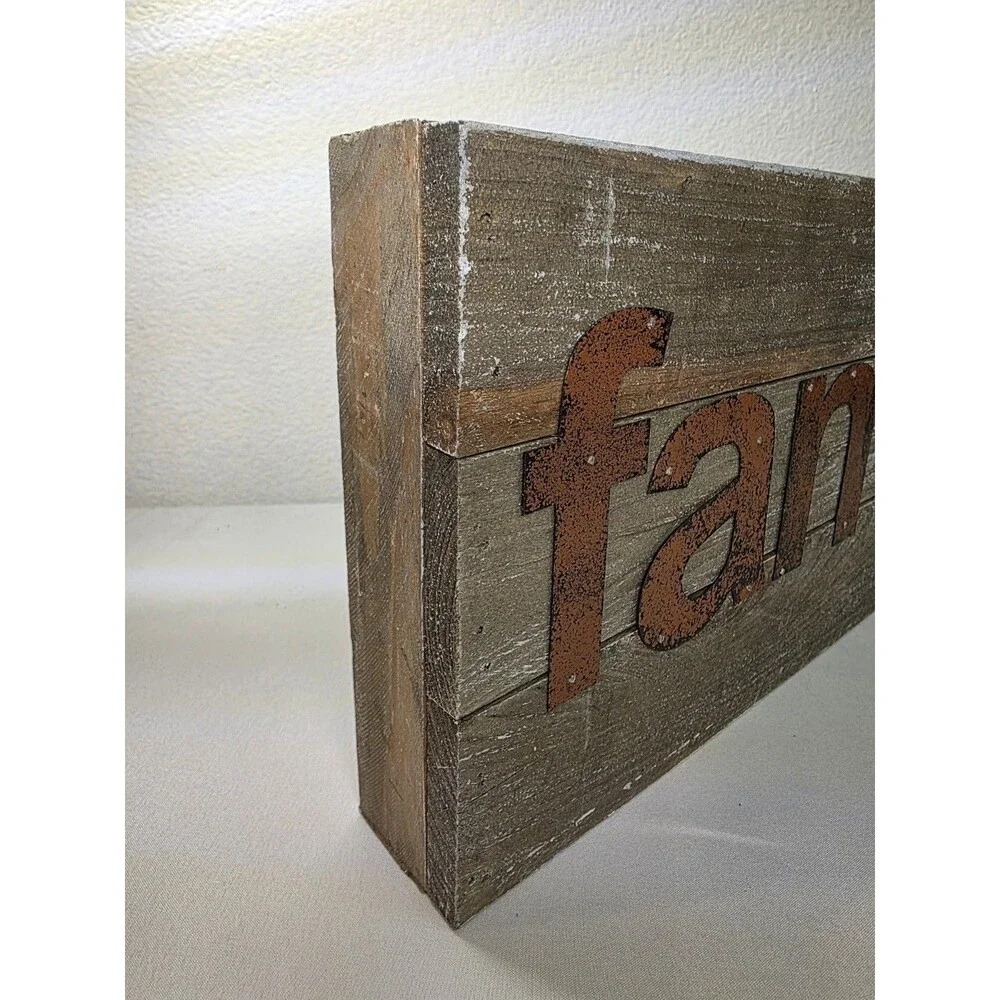 Farmhouse Wood & Metal Family Sign Distressed Country Wall Decor Shelf Sitter